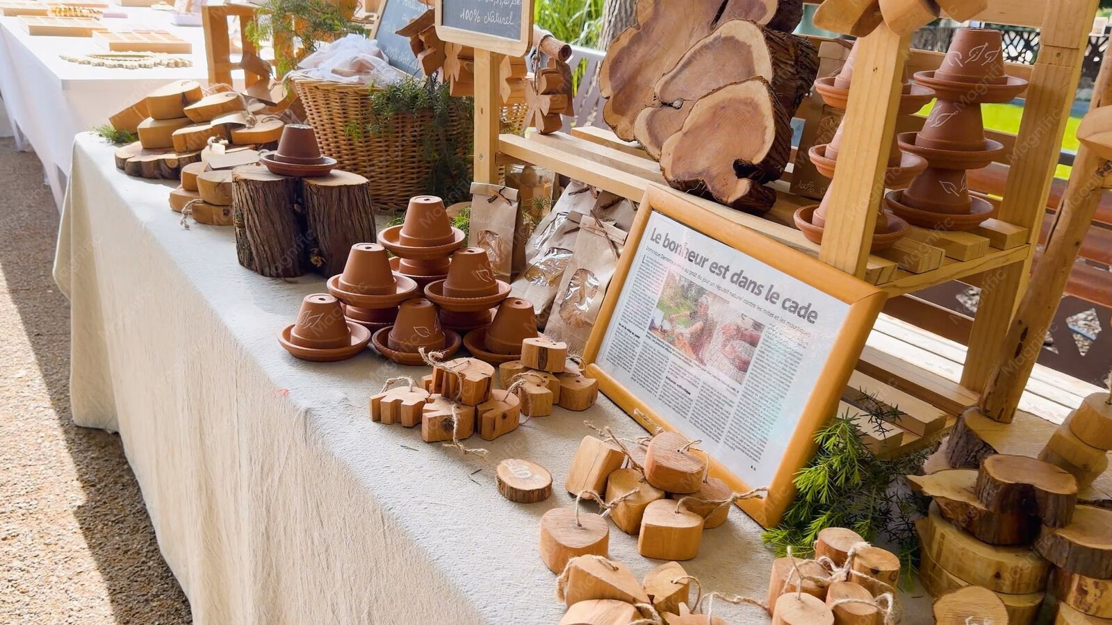 Puesto de una feria artesanal con artesanías en madera en Mar del Plata